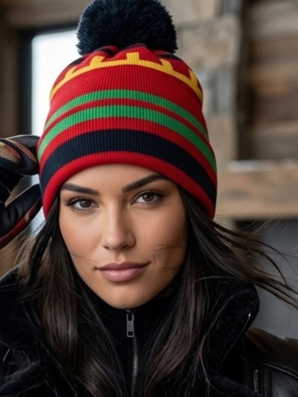 Obermeyer Red Multi-Stripe Pom Beanie with Black Pom
